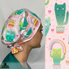 Green Scrubs - Super Tie Scrub Cap with Buttons - Cacti Cats