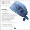 Sample scrub hat with list of details and features specific to the Super Tie made by Green Scrubs