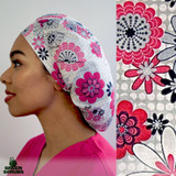 Green Scrubs - Bouffant Surgical Hat - Floral Grid Pink