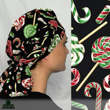 Green Scrubs - Tie Bonnet Surgical Hat - Holiday Candy