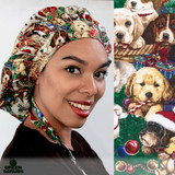 Green Scrubs - Tie Bonnet Scrub Hat - Puppy Christmas