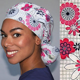 Green Scrubs - Tie Bonnet Hat - Floral Grid Pink