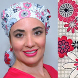 Green Scrubs - Tie Bonnet Hat - Floral Grid Pink