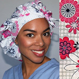 Green Scrubs - Tie Bonnet Hat - Floral Grid Pink