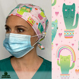 Green Scrubs - Super Tie Scrub Hat with Buttons - Cacti Cats