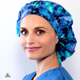 Woman modeling Green Scrubs Tie Bouffant Scrub Hat - Galaxy