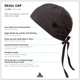 Sample Skull Scrub Cap displaying all the features that makes this cap from Green Scrubs special