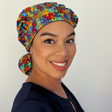 Green Scrubs - Tie Bonnet Scrub Hat with Terry - Puzzle Pieces