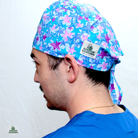 Green Scrubs - Tieback Hat - Stars Blue