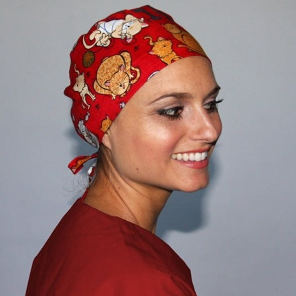 Green ScGreen Scrubs - Tieback Hat - Purr-fectly Redrubs - Tieback Hat - Purr-fectly Red