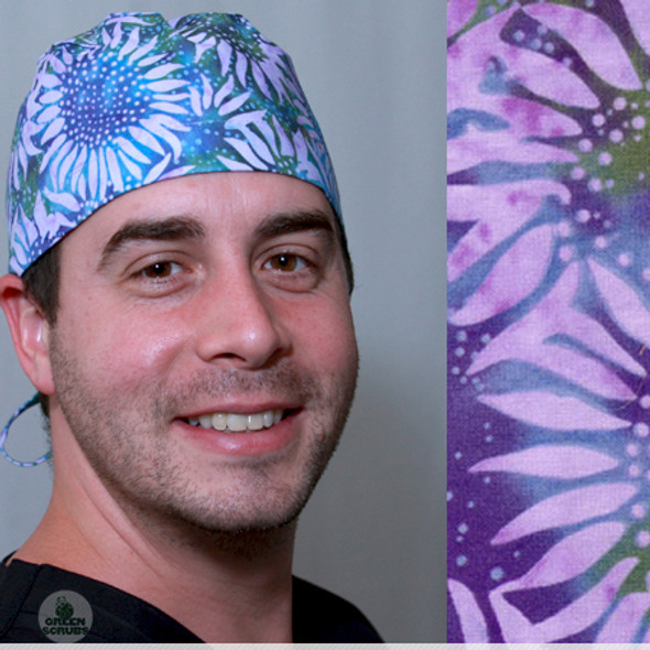 Green Scrubs - Tieback Hat - Batik Sunflowers