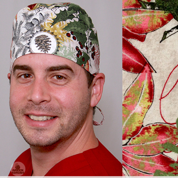 Green Scrubs - Tieback Hat - Red Poinsettias