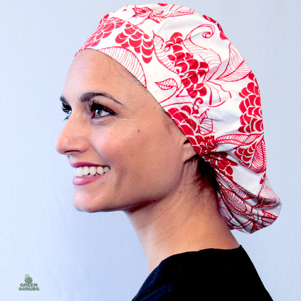 Green Scrubs - Bouffant Hat - Red White Floral