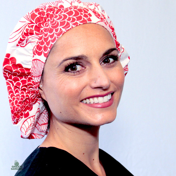 Green Scrubs - Bouffant Hat - Red White Floral