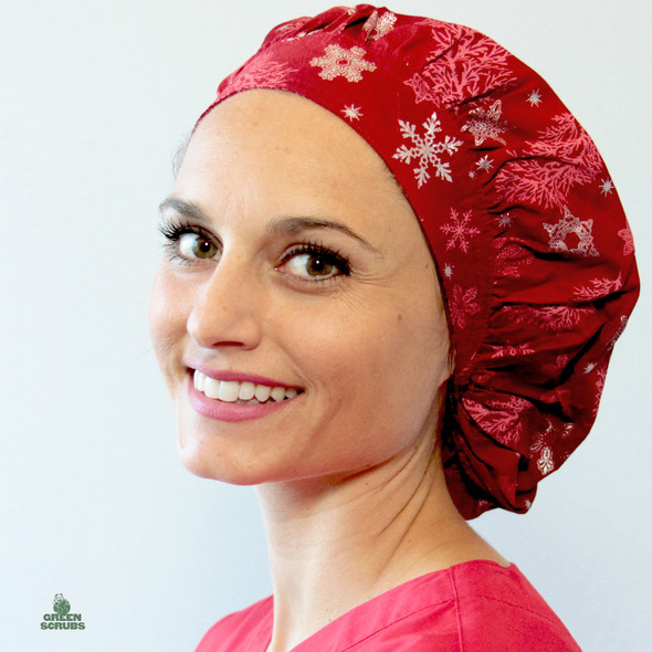 Green Scrubs - Bouffant Hat - Snowflakes Scarlet