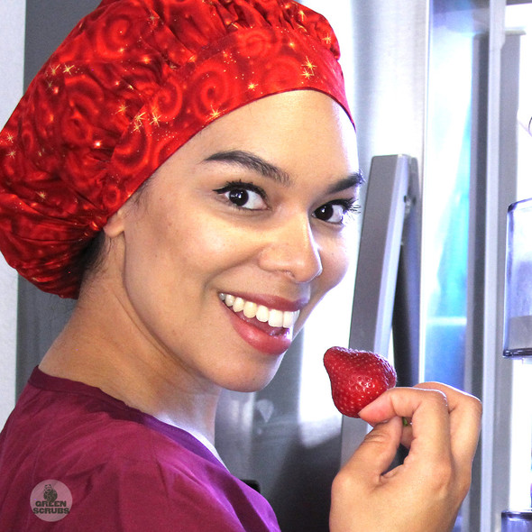 Green Scrubs - Bouffant Hat -Stars n Swirls Scarlet