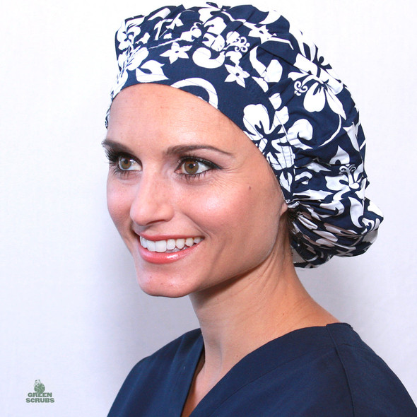 Green Scrubs - Bouffant Hat - Hibiscus Navy