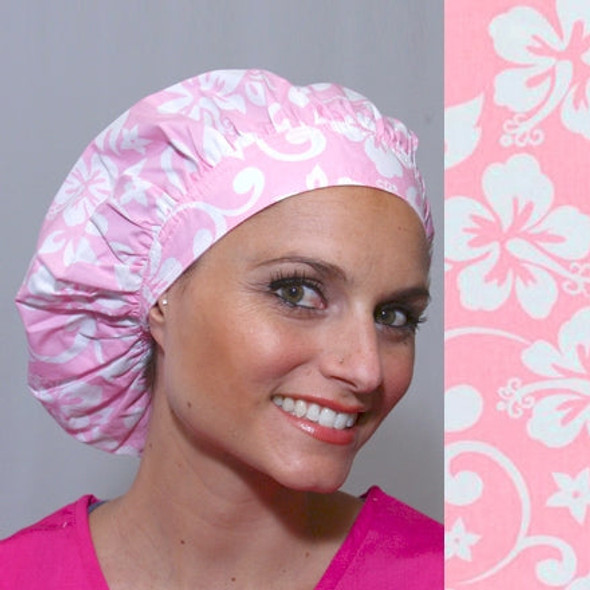 Green Scrubs - Bouffant Hat - Hibiscus Light Pink