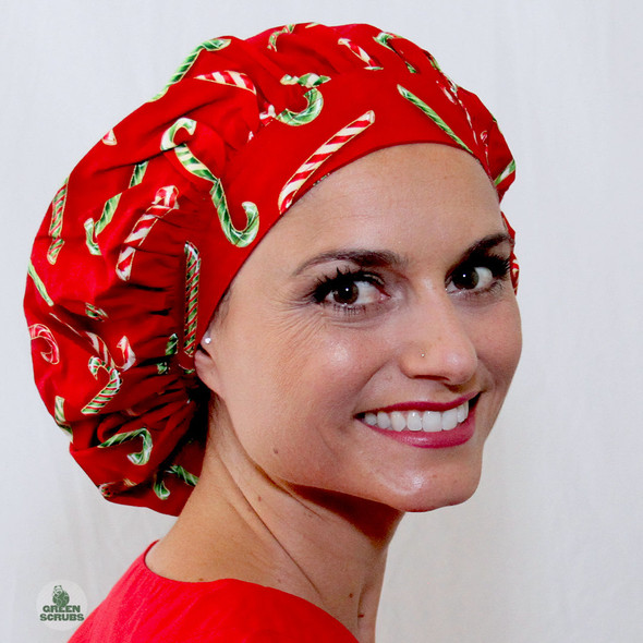 Green Scrubs - Bouffant Hat - Candy Canes