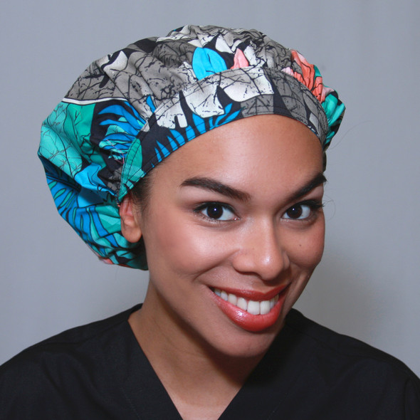 Green Scrubs - Bouffant Hat - Palm Flowers