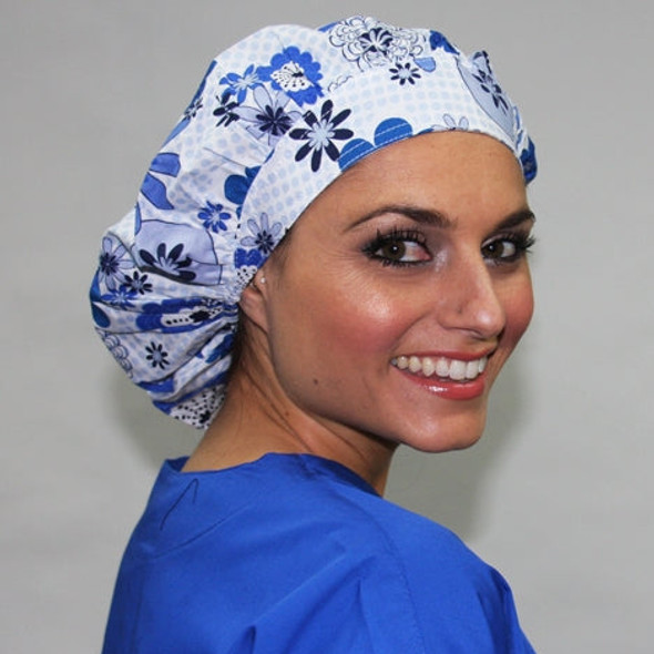 Green Scrubs - Bouffant Hat - Floral Grid Blue