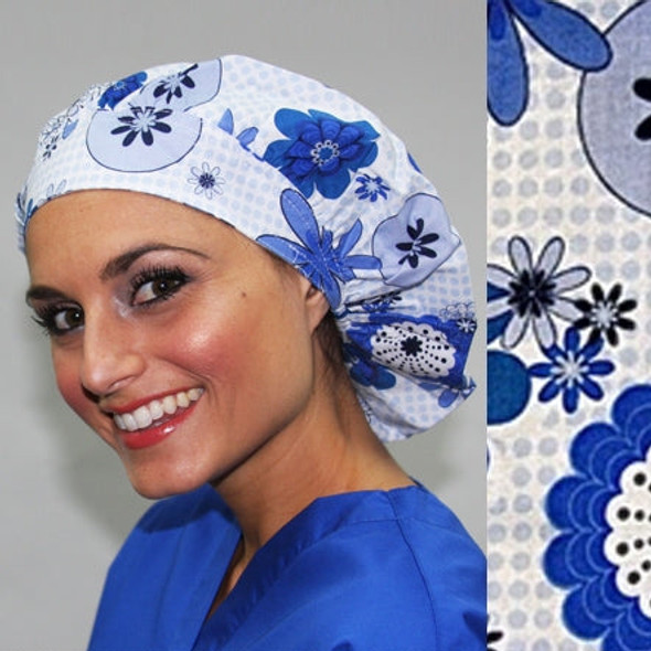 Green Scrubs - Bouffant Hat - Floral Grid Blue