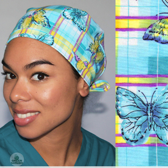 Green Scrubs - Modern Fit Tieback Hat - Butterfly Plaid