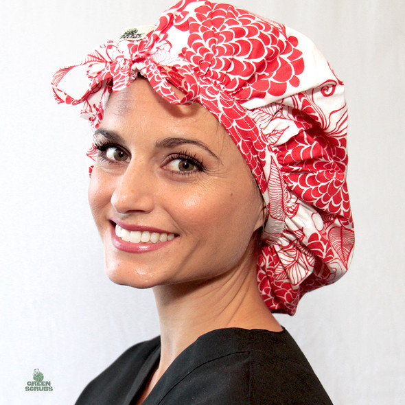 Green Scrubs - Tie Bonnet Hat - Red White Floral