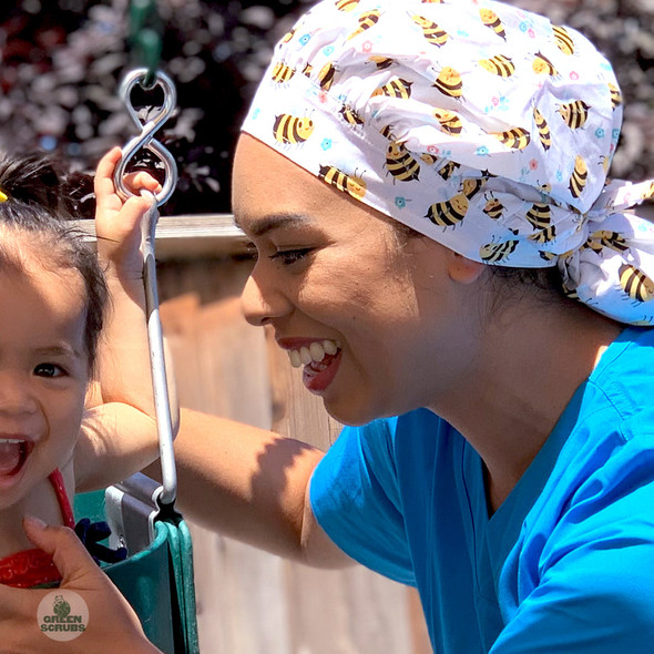 Green Scrubs - Tie Bonnet Hat - Bee Happy