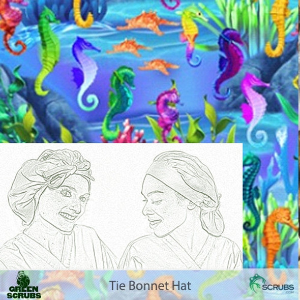 Green Scrubs - Tie Bonnet Hat - Sea Horses