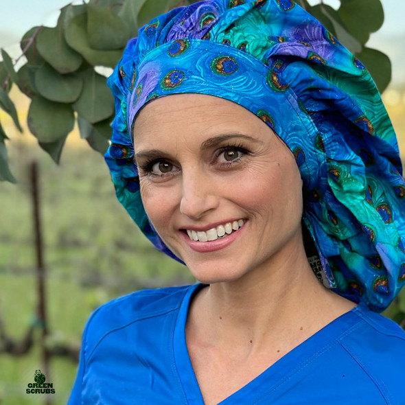 Green Scrubs - Tie Bonnet Hat - Peacock Feather