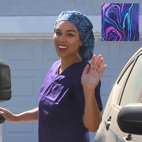 Green Scrubs - Tie Bonnet Hat - Purple Swirl