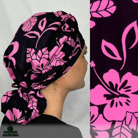 Green Scrubs - Tie Bonnet Surgical Hat - Passion Pink Hibiscus