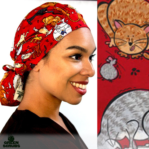 Green Scrubs - Tie Bonnet Scrub Hat - Purr-fectly Red