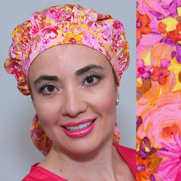 Green Scrubs - Tie Bonnet Hat - Fuchsia Floral