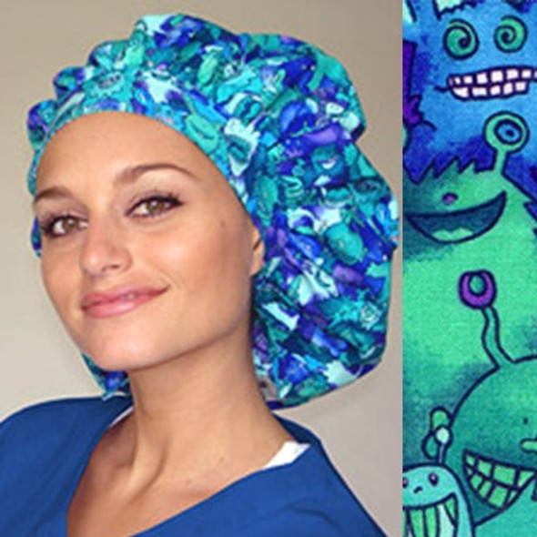 Green Scrubs - Tie Bonnet Hat - Green Monsters