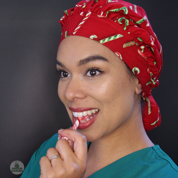 Green Scrubs - Tie Bonnet Hat - Candy Canes