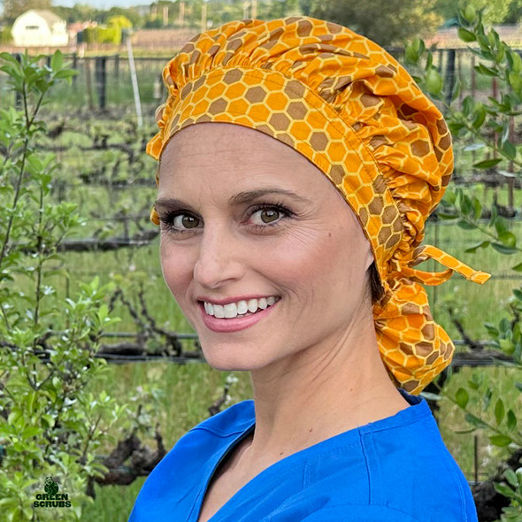 Green Scrubs - Tie Bonnet Hat - Honey Comb