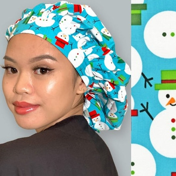 Green Scrubs - Tie Bonnet Hat - Snowmen