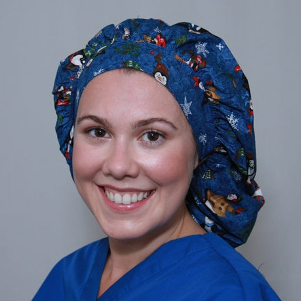 Green Scrubs - Tie Bonnet Hat - Winter Penguins