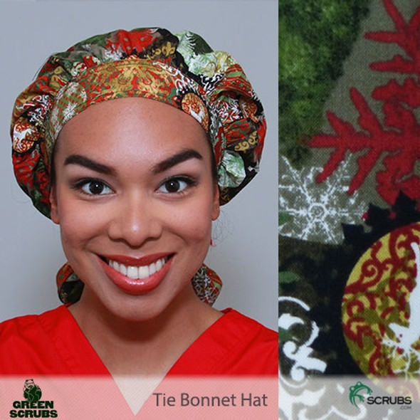 Green Scrubs - Tie Bonnet Hat - Pine Filigree