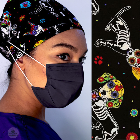 Green Scrubs - Modern Fit Super Tie Hat with  Buttons - Dia De Los Muertos Dogs