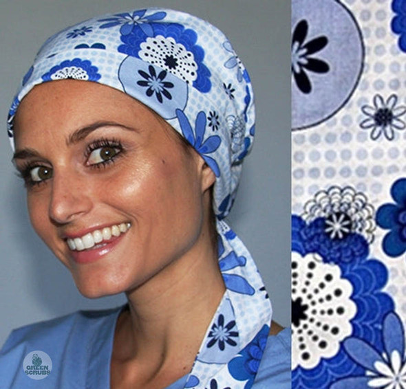 Green Scrubs - Modern Fit Super Tie Hat - Floral Grid Blue