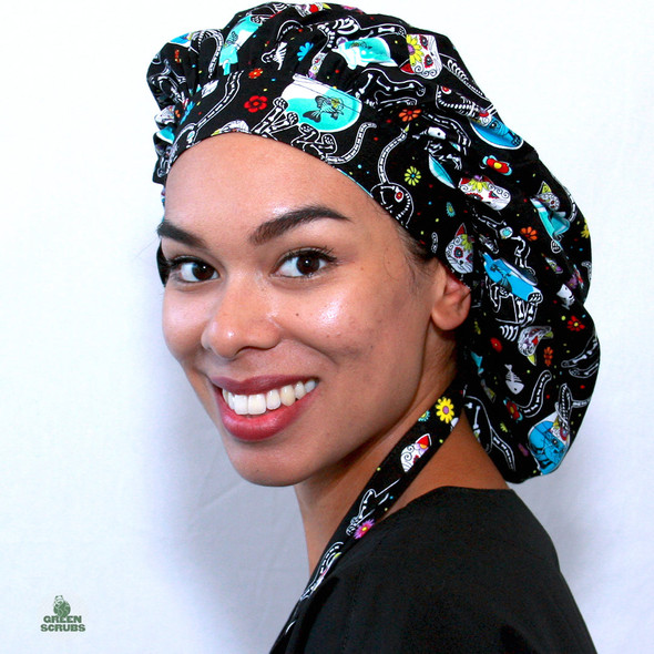 Green Scrubs - Tie Bonnet Scrub Hat with Terry - Dia De Los Muertos Kitty