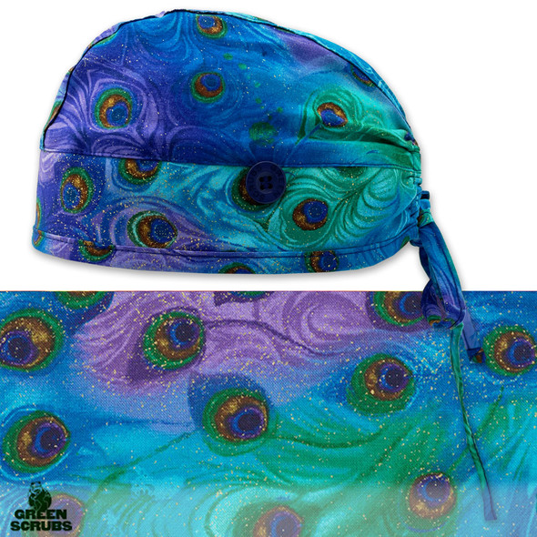 Green Scrubs - Skull Scrub Cap - Peacock Feathers