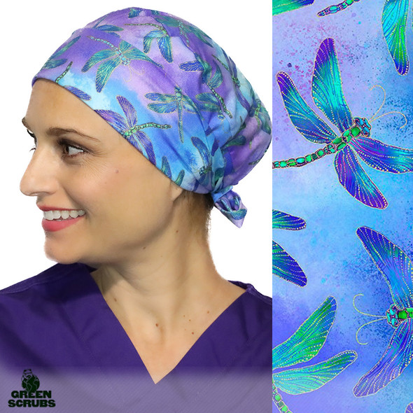 Green Scrubs - Modern Fit Super Tie Hat with Buttons - Dragonflies