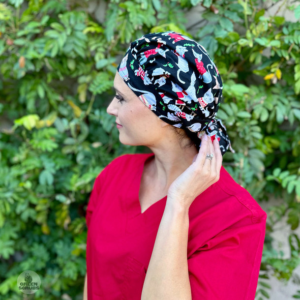 Green Scrubs - Tie Bouffant Scrub Hat - Santa Claws