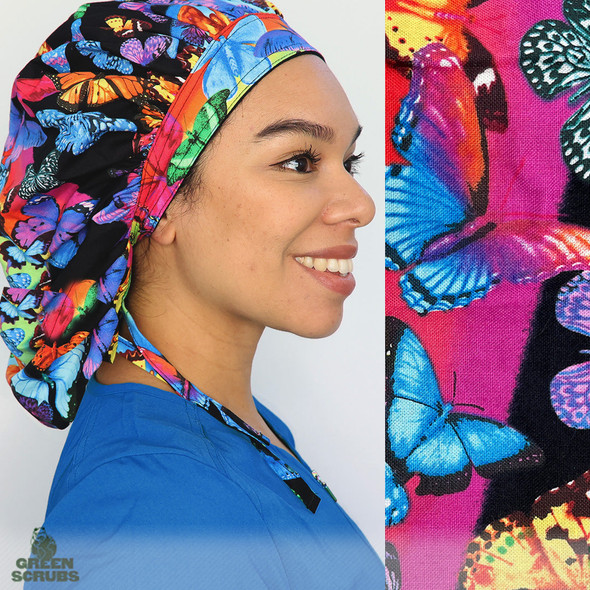 Green Scrubs - Tie Bonnet Scrub Hat with Terry - Butterflies