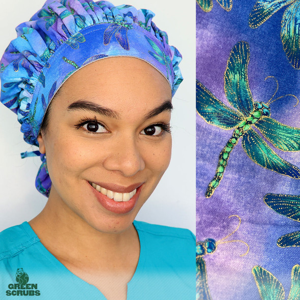 Green Scrubs - Tie Bonnet Scrub Hat with Terry - Dragonflies