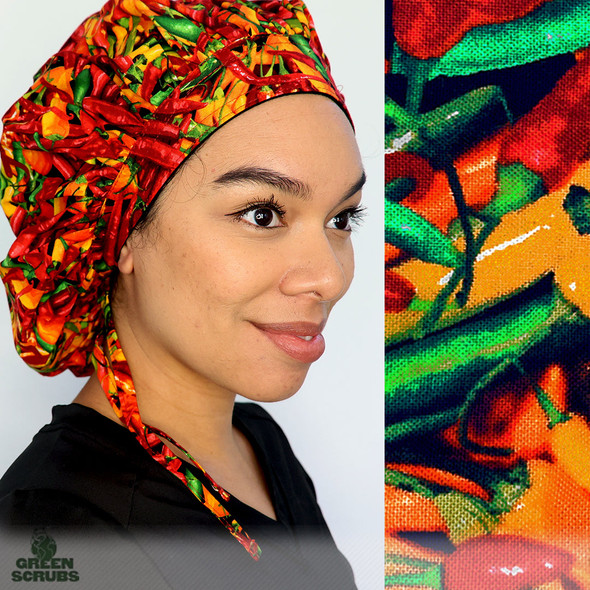 Green Scrubs - Tie Bonnet Scrub Hat with Terry - Hot Peppers